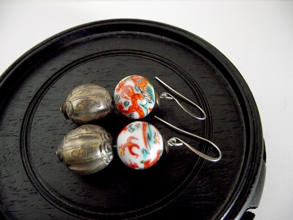 Vintage Porcelain Dragon Silver Qing bead earrings - image 2