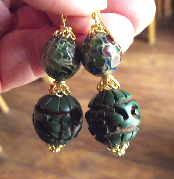 Rare Chinese Plique a Jour Chinese Earrings w/ Bal