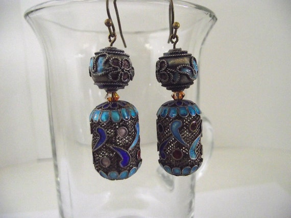 Antique Chinese Pierced Filigree Enamel Earrings … - image 9