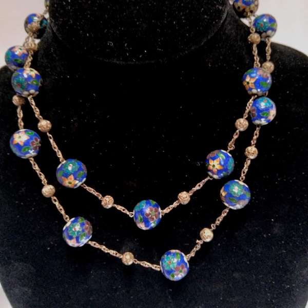 Antique Chinese Export Chain Necklace Cloisonné 39" in length silver stamped clasp