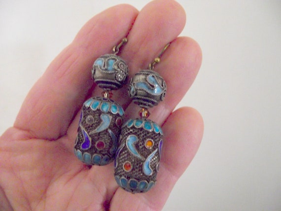 Antique Chinese Pierced Filigree Enamel Earrings … - image 5