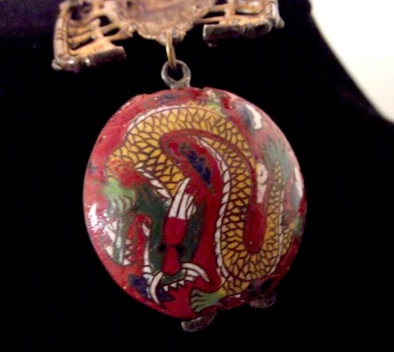 Asian Art Deco Champlevé Ojime Dragon Phoenix Brooch  Blumenthal NY Cloisonné Dragon