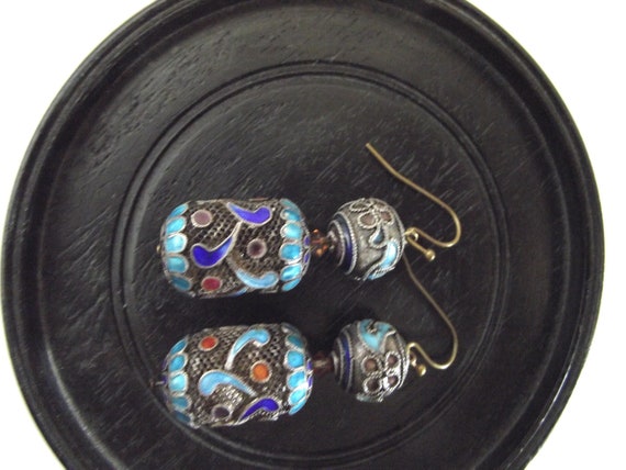 Antique Chinese Pierced Filigree Enamel Earrings … - image 3