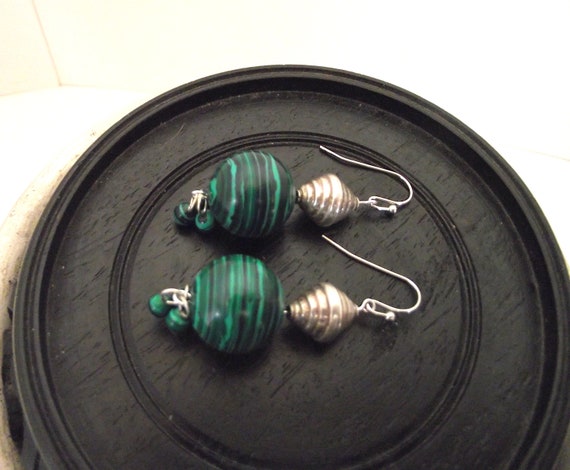 Rare Mid-century Malachite Earrings w/ Vintage Si… - image 5