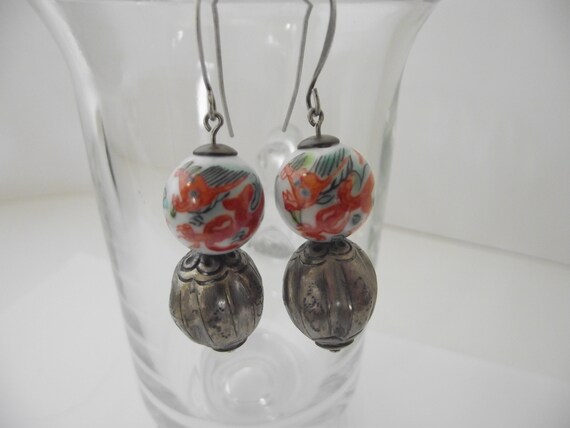 Vintage Porcelain Dragon Silver Qing bead earrings - image 8