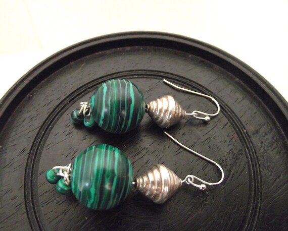 Rare Mid-century Malachite Earrings w/ Vintage Si… - image 1