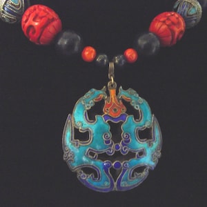 Dramatic Antique Chinese Double Dragon Cloisonné Pendant Necklace w/ Cinnabar and Lapis Beads