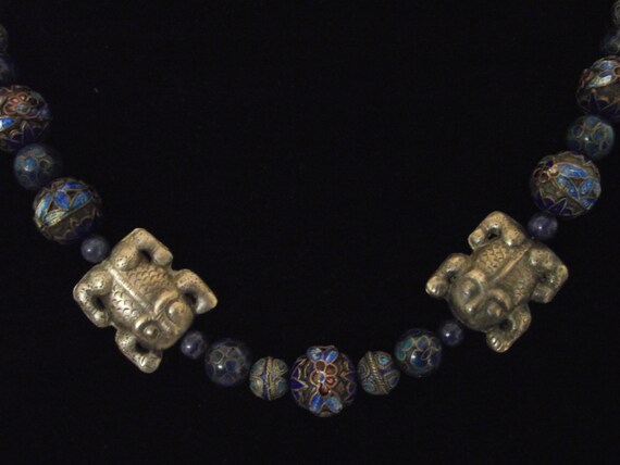 Vintage Chinese Necklace Silver Cloisonné beads w… - image 3