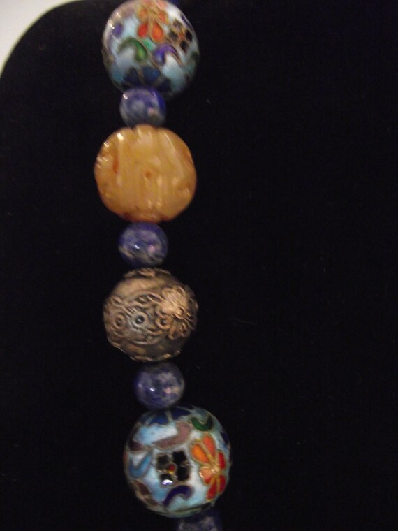 Vintage RARE CLOISONNÉ BEAD necklace w/ Large Embosse… Gem