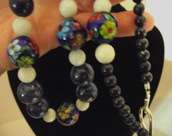 Vintage Chinese Rare Cloisonné Necklace w/ Aquamarine, Natural Lapis & jade beads