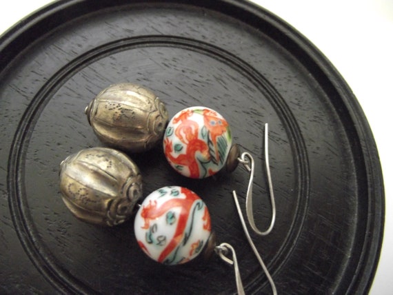 Vintage Porcelain Dragon Silver Qing bead earrings - image 3