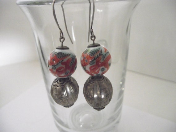 Vintage Porcelain Dragon Silver Qing bead earrings - image 6