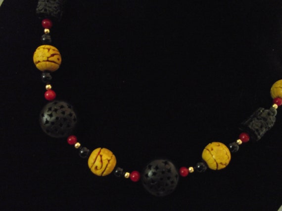 Chinese Rare Carved Black Tourmaline RARE YELLOW Cinnabar Bead