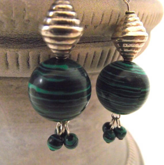 Rare Mid-century Malachite Earrings w/ Vintage Si… - image 6