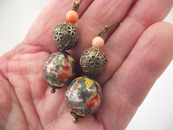 Chinese Vintage Porcelain Hand Painted Bead Earri… - image 4