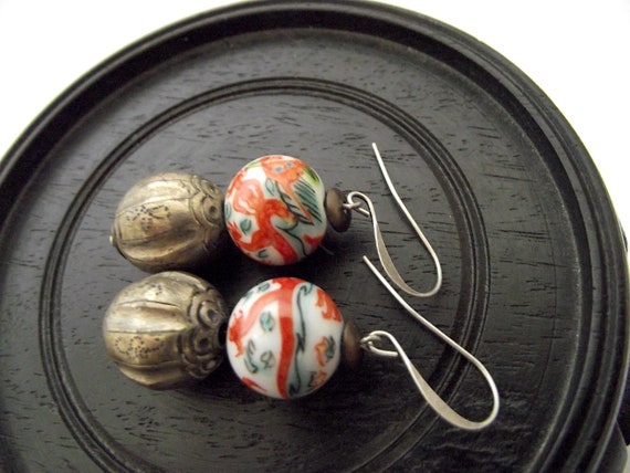 Vintage Porcelain Dragon Silver Qing bead earrings - image 1