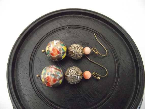 Chinese Vintage Porcelain Hand Painted Bead Earri… - image 1