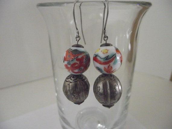Vintage Porcelain Dragon Silver Qing bead earrings - image 4