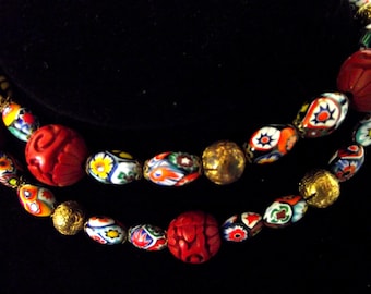 Vintage Venetian Murano possibly Moretti with Cinnabar and Gold beads