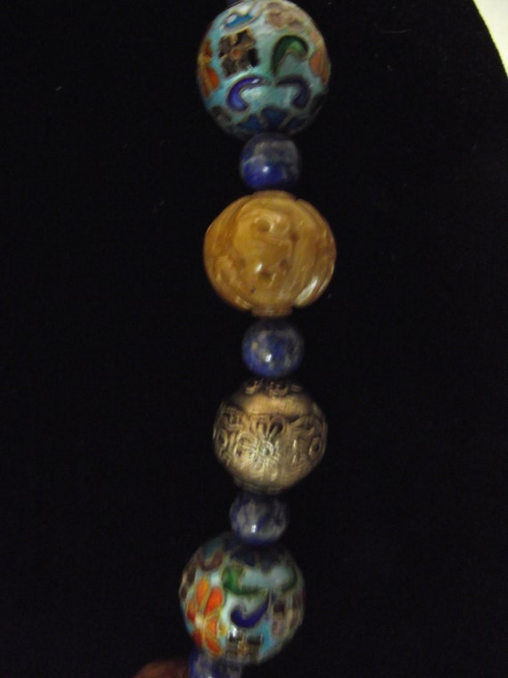 Vintage RARE CLOISONNÉ BEAD necklace w/ Large Embosse… Gem