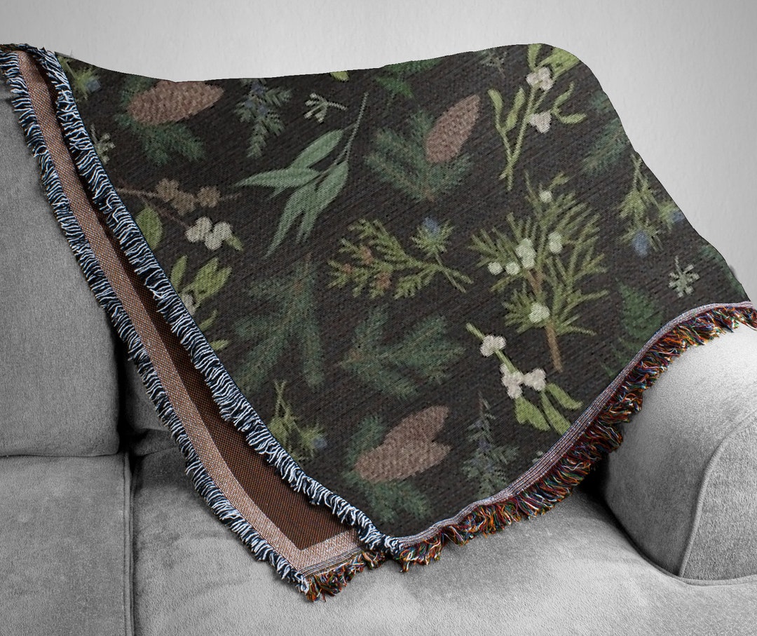 Botanical Throw Blanket With Plants and Pine Cones Woven Blanket. Plant