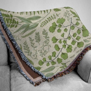 Botanical Woven Blanket With Fern Leaves for her. Green Leaves For Horticulture, plant lover or nature lover. Ginkgo leaf. Plant Home decor