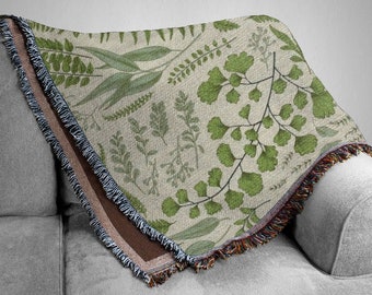 Botanical Woven Blanket With Fern Leaves for her. Green Leaves For Horticulture, plant lover or nature lover. Ginkgo leaf. Plant Home decor