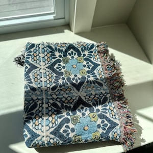 Blue Floral Tiles Woven Blanket: Hispanic Home Decor