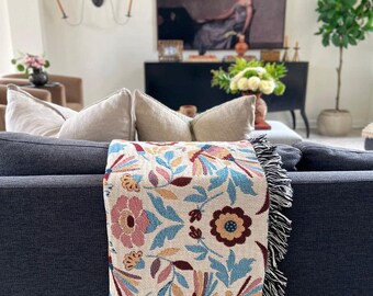 Mexican Folk Art Woven Blanket: Muted Floral Decor