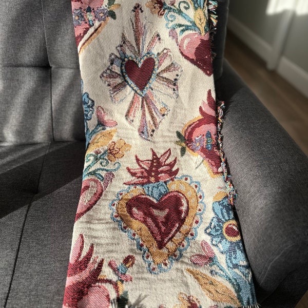 Sacred Hearts Woven Blanket - Symbolic Beauty And Versatile Comfort For Memorable Gifts. Mexican Folk Blanket For Her Or Him