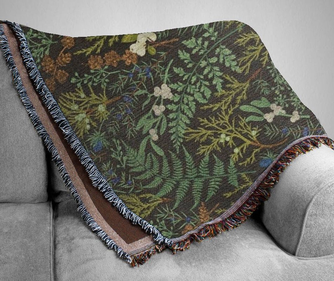 Botanical Woven Blanket With Plants and Fern Leaves Woven Blanket ...