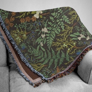 Botanical Woven Blanket With plants and Fern Leaves Woven Blanket. Plant Leaves With green foliage and evergreen plants blanket. Forest deco