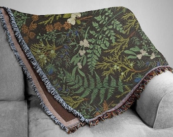 Botanical Woven Blanket With plants and Fern Leaves Woven Blanket. Plant Leaves With green foliage and evergreen plants blanket. Forest deco