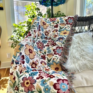 Floral Woven Cotton Throw Blanket: Neutral Home Decor