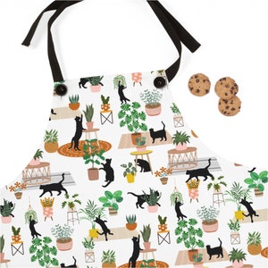 Cats and plants Apron for cat lover and plant lover. Gift ideas for plant daddy, crazy plant lady, cat mom or cat lady. Black cat and plants