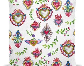 Sacred Hearts Woven Pillows for Mexican home decor. Gift for Mexican mom, Latin friends or Mexican folk lover. Sagrado corazon. Milagritos.