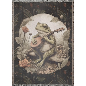 Frog Playing Banjo Woven Blanket: Cottagecore Decor