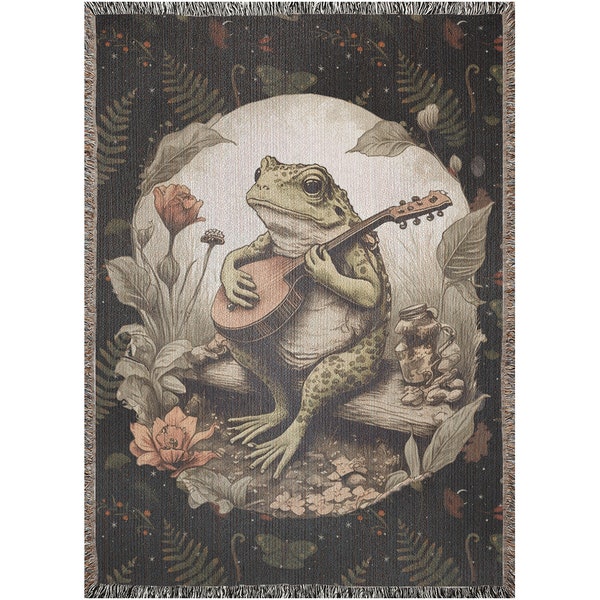 Frog Woven Blanket for Frog Lover or toad lover. Cottagecore Decor. Frog Playing Banjo Art. Birthday gift for him. Dark cottagecore decor.