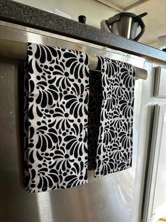 Talavera Kitchen Towels, Black and Beige, Mexican Decor, Set of 2