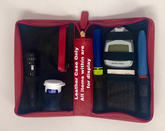 Large RED leather case for diabetic cartridge pens & testing supplies