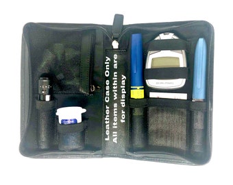 Large BLACK leather case for diabetic cartridge pens & testing supplies