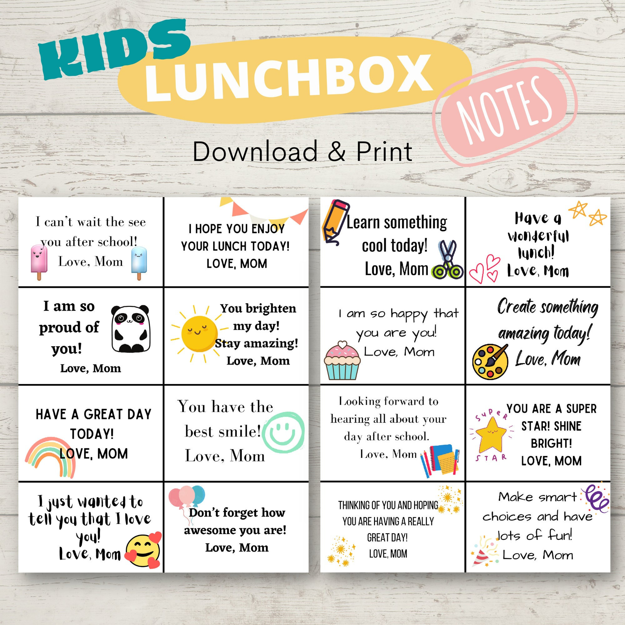 Kids Lunchbox Note Cards, Printable Gifts for Family, Motivational Fun, Reading Behavior School Fun Mom Dad, Download