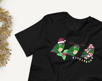 Chubby Christmas Conures T-Shirt, Cute green cheek conure dressed for Holidays, Kawaii Caiques Tee, Parrot owner gift idea