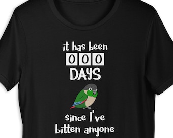 Funny Green Cheek Conure T-Shirt: Biting Meme Parrot Apparel