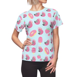 Chubby Galah Pattern Tee, Cute Parrot Women's AOP Cut & Sew Tee, All over print Kawaii Galah with strawberry donut ice cream clothes.