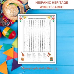 May include: A printable Hispanic Heritage Month word search puzzle with a colourful background. The puzzle features words related to Hispanic culture, such as art, community, dance, family, food, heritage, history, music, and tradition. The puzzle is surrounded by a border of flowers and includes a maraca and a bongo drum.