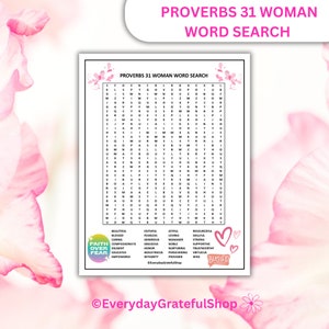 Può includere: Un puzzle di ricerca di parole stampabile con parole relative alla donna di Proverbi 31. Il puzzle è su uno sfondo bianco con accenti floreali rosa. Le parole sono elencate sotto il puzzle.