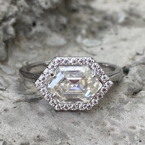 2.20 TCW Hexagon Cut Moissanite Engagement Ring | 14K White Gold East West Set Halo Ring | Wedding Jewelry | Rose Cut Moissanite Ring