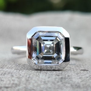 White Asscher Cut Moissanite Ring-Bezel Set Square Cut Ring-Asscher Solitaire Engagement Ring-Bridal Promise Ring-14k Solid Gold Jewelry
