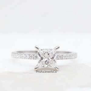 1.5 carat IGI Certified F Color VS1 Clarity Princess Excellent Cut Lab Created Diamond Hidden Halo Engagement Ring, 14K White Gold